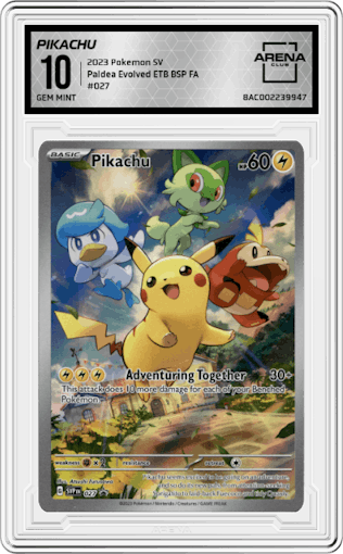 Pikachu from the 2023 Pokemon SV set featuring a Scarlet & Violet - Paldea Evolved Elite Trainer Box parallel graded by Arena Club and given an overall grade of 10.