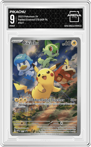 Pikachu from the 2023 Pokemon SV set featuring a Scarlet & Violet - Paldea Evolved Elite Trainer Box parallel graded by Arena Club and given an overall grade of 9.