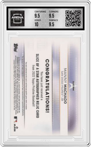 Manny Machado from the 2022 Topps Pristine set graded by Arena Club and given an overall grade of 10.