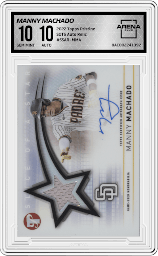 Manny Machado from the 2022 Topps Pristine set graded by Arena Club and given an overall grade of 10.