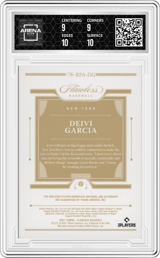 Deivi Garcia from the 2021 Panini Flawless set graded by Arena Club and given an overall grade of 9.5.