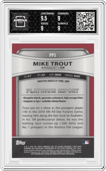 Mike Trout from the 2010 Bowman Platinum set graded by Arena Club and given an overall grade of 9.