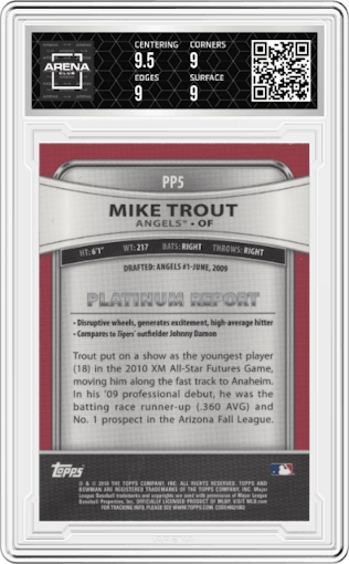 Mike Trout from the 2010 Bowman Platinum set graded by Arena Club and given an overall grade of 9.
