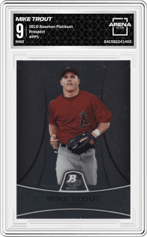 Mike Trout from the 2010 Bowman Platinum set graded by Arena Club and given an overall grade of 9.