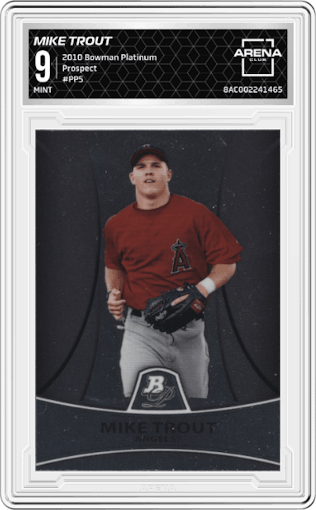 Mike Trout from the 2010 Bowman Platinum set graded by Arena Club and given an overall grade of 9.