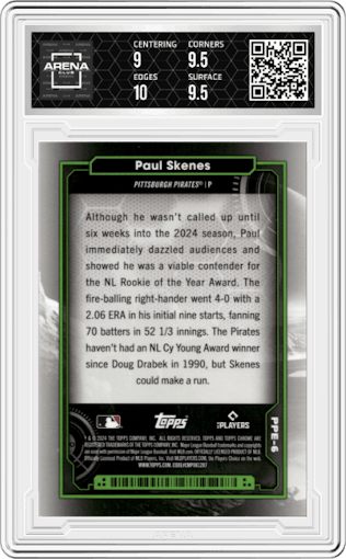 Paul Skenes from the 2024 Topps Cosmic Chrome set graded by Arena Club and given an overall grade of 9.5.