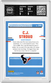 C.J. Stroud from the 2023 Donruss Optic set graded by Arena Club and given an overall grade of 9.5.