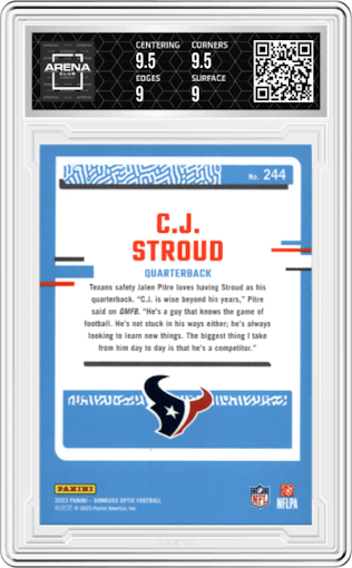 C.J. Stroud from the 2023 Donruss Optic set graded by Arena Club and given an overall grade of 9.5.