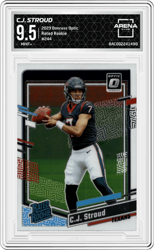 C.J. Stroud from the 2023 Donruss Optic set graded by Arena Club and given an overall grade of 9.5.