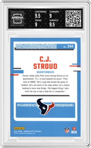 C.J. Stroud from the 2023 Donruss Optic set graded by Arena Club and given an overall grade of 9.5.