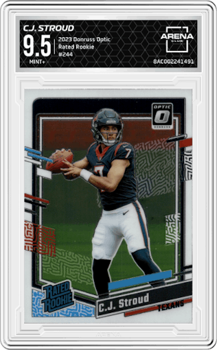 C.J. Stroud from the 2023 Donruss Optic set graded by Arena Club and given an overall grade of 9.5.
