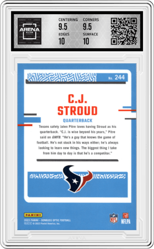 C.J. Stroud from the 2023 Donruss Optic set graded by Arena Club and given an overall grade of 10.