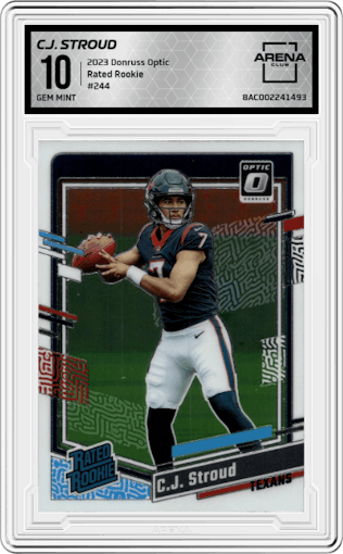 C.J. Stroud from the 2023 Donruss Optic set graded by Arena Club and given an overall grade of 10.