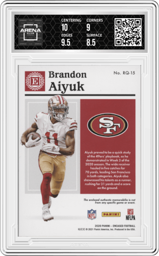 Brandon Aiyuk from the 2020 Panini Encased set featuring a Gold parallel graded by Arena Club and given an overall grade of 9.
