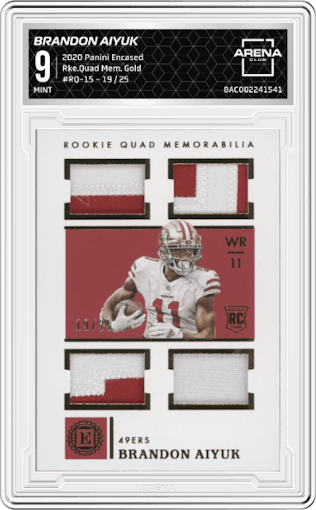 Brandon Aiyuk from the 2020 Panini Encased set featuring a Gold parallel graded by Arena Club and given an overall grade of 9.