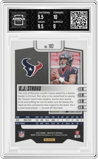 C.J. Stroud from the 2023 Panini Absolute set graded by Arena Club and given an overall grade of 9.5.