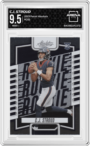 C.J. Stroud from the 2023 Panini Absolute set graded by Arena Club and given an overall grade of 9.5.