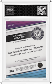 Brandon Miller from the 2023-24 Topps Chrome set graded by Arena Club and given an overall grade of 0.