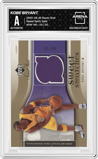 Kobe Bryant from the 2005-06 Upper Deck Sweet Shot set featuring a Gold parallel graded by Arena Club.