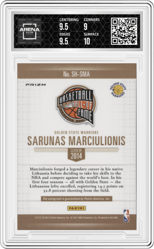 Sarunas Marciulionis from the 2021-22 Panini Noir set graded by Arena Club and given an overall grade of 9.5.