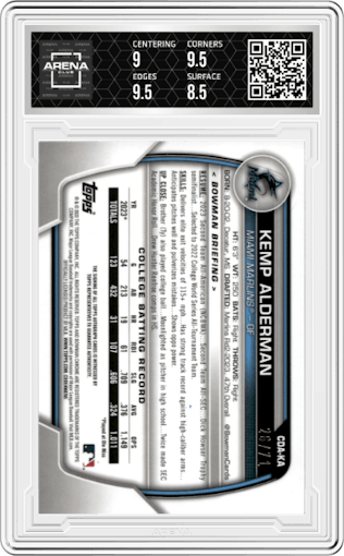 Kemp Alderman from the 2023 Bowman Draft set featuring a Sparkle Refractor parallel graded by Arena Club and given an overall grade of 9.