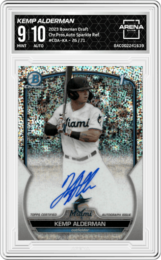 Kemp Alderman from the 2023 Bowman Draft set featuring a Sparkle Refractor parallel graded by Arena Club and given an overall grade of 9.