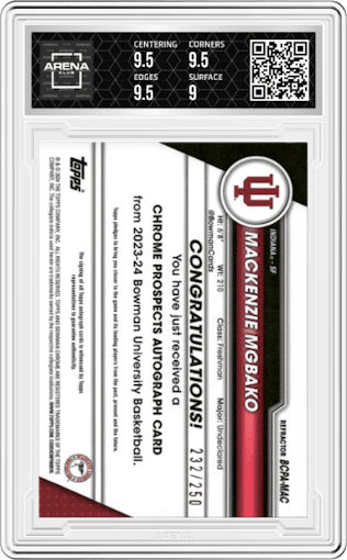 Mackenzie Mgbako from the 2023-24 Bowman U Chrome set featuring a Refractor parallel graded by Arena Club and given an overall grade of 9.5.