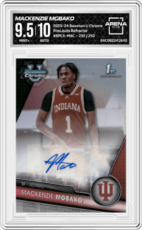 Mackenzie Mgbako from the 2023-24 Bowman U Chrome set featuring a Refractor parallel graded by Arena Club and given an overall grade of 9.5.
