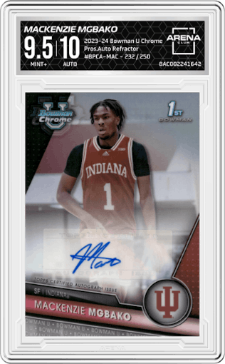 Mackenzie Mgbako from the 2023-24 Bowman U Chrome set featuring a Refractor parallel graded by Arena Club and given an overall grade of 9.5.