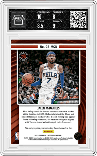 Jalen McDaniels from the 2023-24 Panini NBA Hoops set featuring a Gold parallel graded by Arena Club and given an overall grade of 8.5.