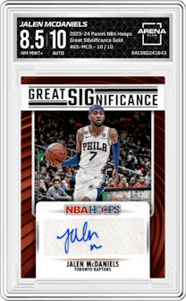 Jalen McDaniels from the 2023-24 Panini NBA Hoops set featuring a Gold parallel graded by Arena Club and given an overall grade of 8.5.