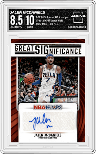 Jalen McDaniels from the 2023-24 Panini NBA Hoops set featuring a Gold parallel graded by Arena Club and given an overall grade of 8.5.
