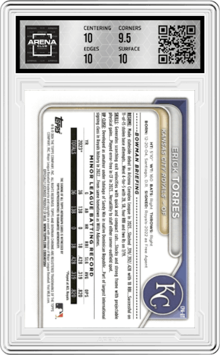 Erick Torres from the 2024 Bowman set featuring a Speckle Refractor parallel graded by Arena Club and given an overall grade of 10.