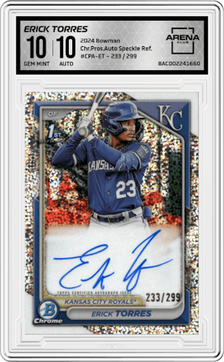 Erick Torres from the 2024 Bowman set featuring a Speckle Refractor parallel graded by Arena Club and given an overall grade of 10.