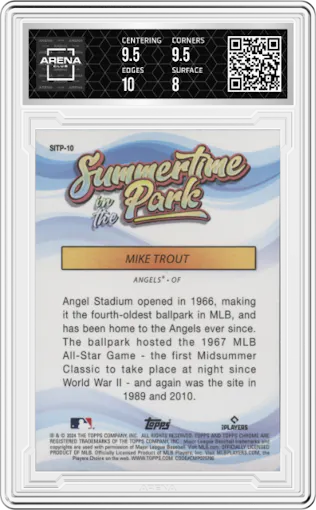 Mike Trout from the 2024 Topps Chrome set graded by Arena Club and given an overall grade of 8.5.
