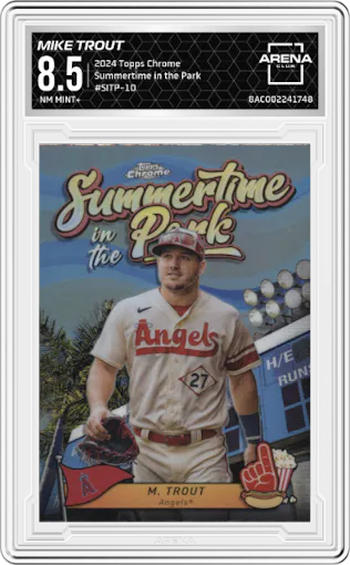 Mike Trout from the 2024 Topps Chrome set graded by Arena Club and given an overall grade of 8.5.