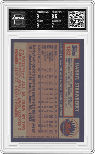Darryl Strawberry from the 1984 Topps set graded by Arena Club and given an overall grade of 7.5.