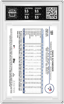 Davis Schneider from the 2024 Topps  set featuring a Blue Holofoil parallel graded by Arena Club and given an overall grade of 9.5.