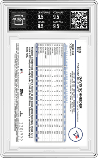Davis Schneider from the 2024 Topps  set featuring a Blue Holofoil parallel graded by Arena Club and given an overall grade of 9.5.
