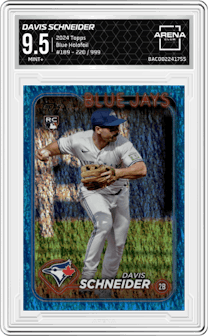 Davis Schneider from the 2024 Topps  set featuring a Blue Holofoil parallel graded by Arena Club and given an overall grade of 9.5.