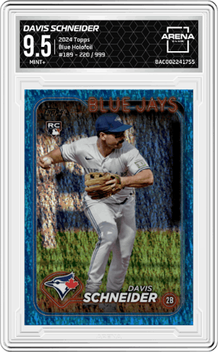 Davis Schneider from the 2024 Topps  set featuring a Blue Holofoil parallel graded by Arena Club and given an overall grade of 9.5.