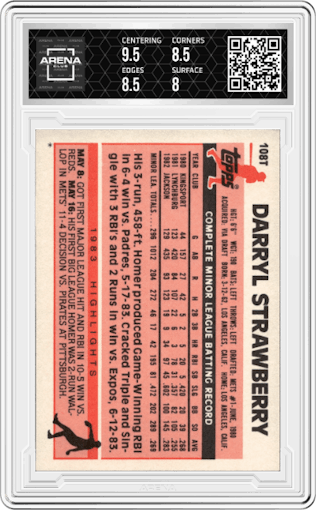 Darryl Strawberry from the 1983 Topps Traded set graded by Arena Club and given an overall grade of 8.5.