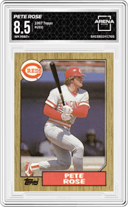 Pete Rose from the 1987 Topps set graded by Arena Club and given an overall grade of 8.5.