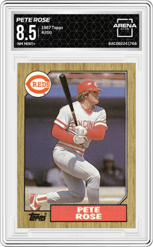 Pete Rose from the 1987 Topps set graded by Arena Club and given an overall grade of 8.5.