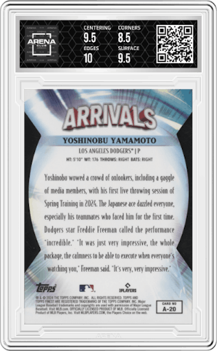 Yoshinobu Yamamoto from the 2024 Topps Finest set featuring a Green Refractor parallel graded by Arena Club and given an overall grade of 9.