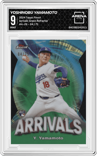 Yoshinobu Yamamoto from the 2024 Topps Finest set featuring a Green Refractor parallel graded by Arena Club and given an overall grade of 9.