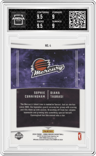 Sophie Cunningham/Diana Taurasi from the 2024 Panini Origins WNBA set graded by Arena Club and given an overall grade of 9.5.