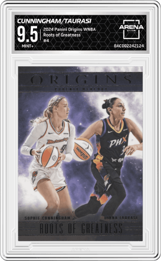 Sophie Cunningham/Diana Taurasi from the 2024 Panini Origins WNBA set graded by Arena Club and given an overall grade of 9.5.
