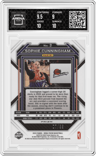 Sophie Cunningham from the 2023 Panini Prizm WNBA set featuring a Premium Box Set parallel graded by Arena Club and given an overall grade of 9.5.