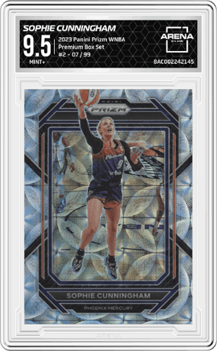 Sophie Cunningham from the 2023 Panini Prizm WNBA set featuring a Premium Box Set parallel graded by Arena Club and given an overall grade of 9.5.